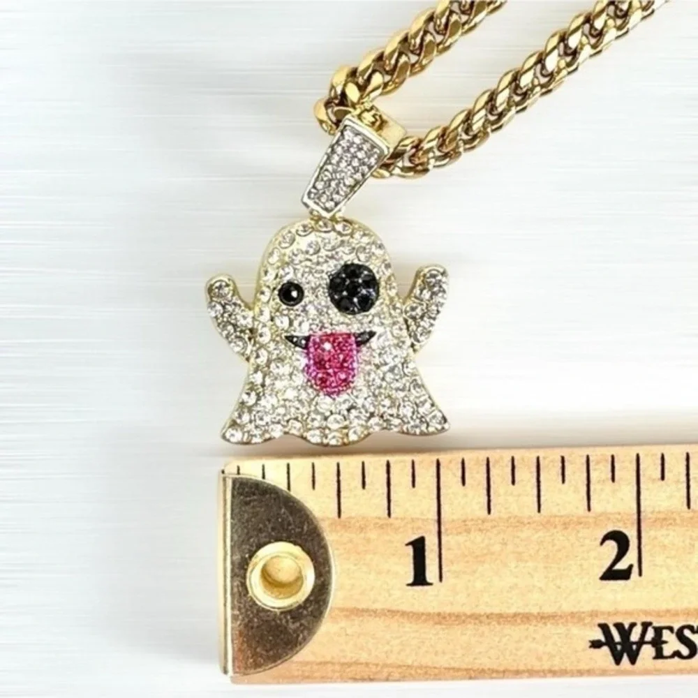 Crystal Ghost Pendant Necklace Jewelry Gold Colored Chain Whimsical Rhinestone‎